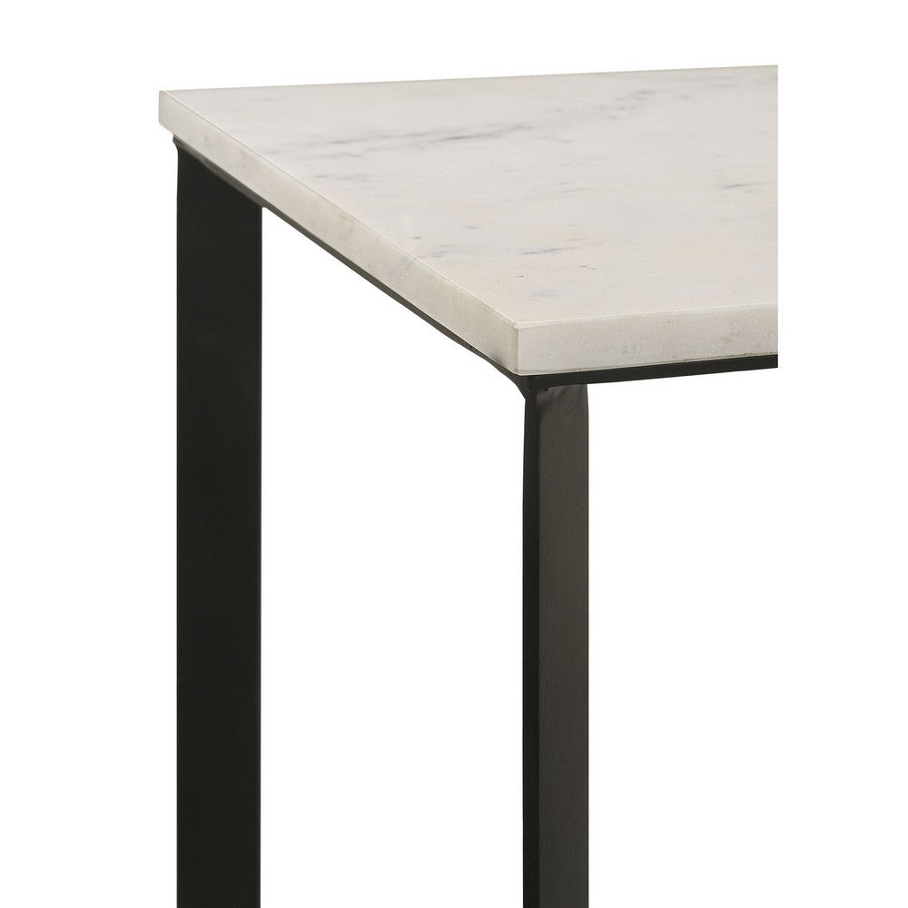 Sovi 24 Inch Side End Table, Square Marble Top, Black Metal Frame, White