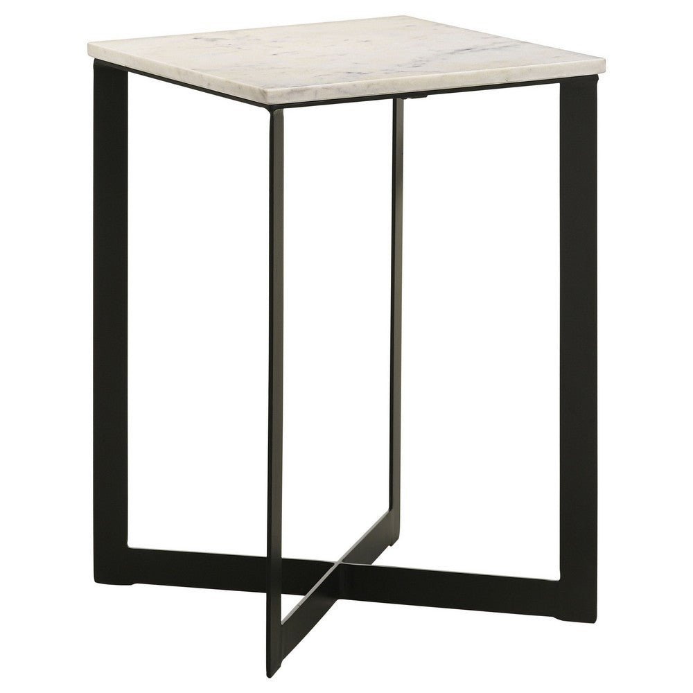 Sovi 24 Inch Side End Table, Square Marble Top, Black Metal Frame, White
