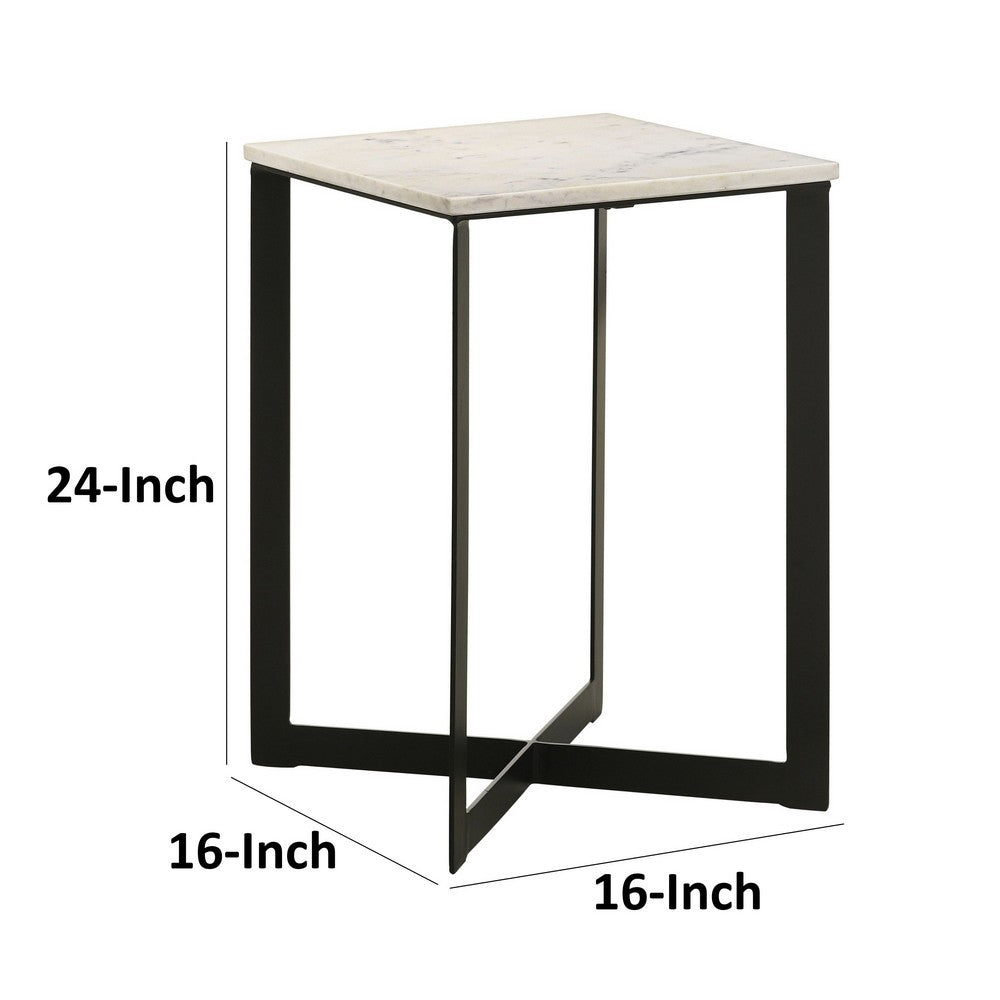 Sovi 24 Inch Side End Table, Square Marble Top, Black Metal Frame, White