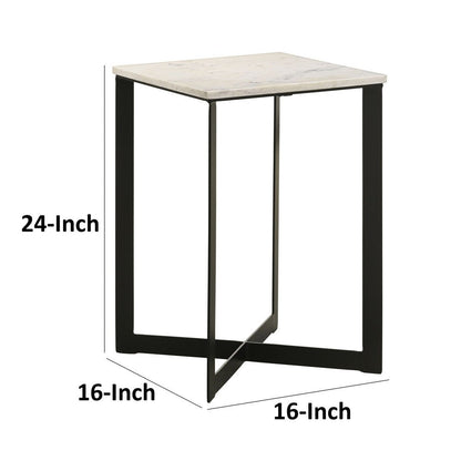 Sovi 24 Inch Side End Table, Square Marble Top, Black Metal Frame, White