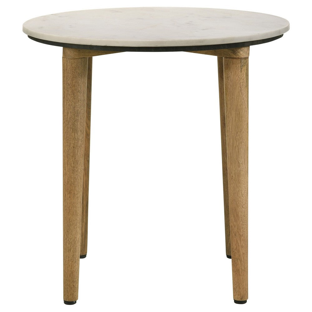 Wolu 22 Inch Side End Table, White Marble Round Top, Natural Brown Wood