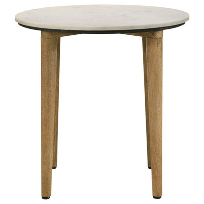 Wolu 22 Inch Side End Table, White Marble Round Top, Natural Brown Wood