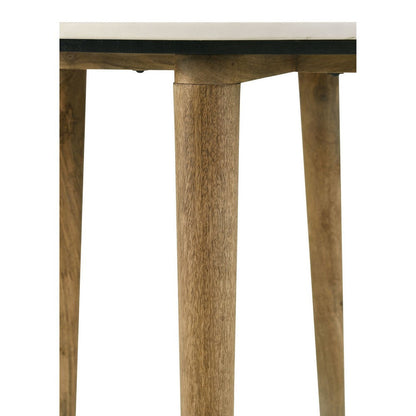 Wolu 22 Inch Side End Table, White Marble Round Top, Natural Brown Wood