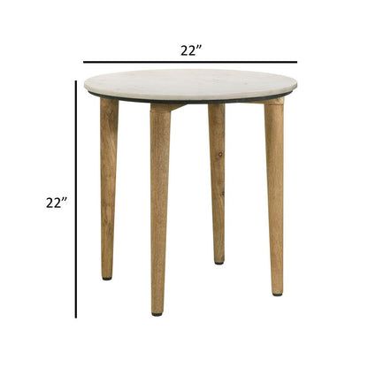 Wolu 22 Inch Side End Table, White Marble Round Top, Natural Brown Wood