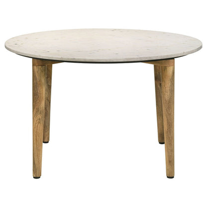 Wolu 30 Inch Coffee Table, White Marble Round Top, Natural Brown Mango Wood