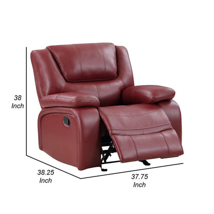 Mila 38 Inch Manual Recliner Accent Sofa Chair, Red Faux Leather, Wood
