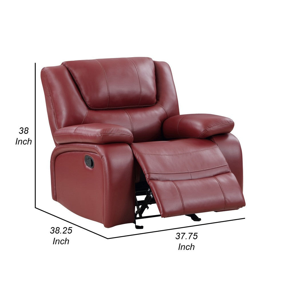 Mila 38 Inch Manual Recliner Accent Sofa Chair, Red Faux Leather, Wood