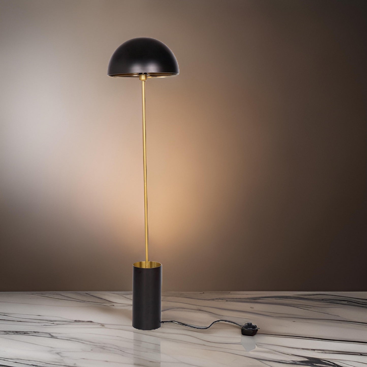 62 Inch Floor Lamp, Umbrella Dome Style Shade, Round Black Base, Gold Metal