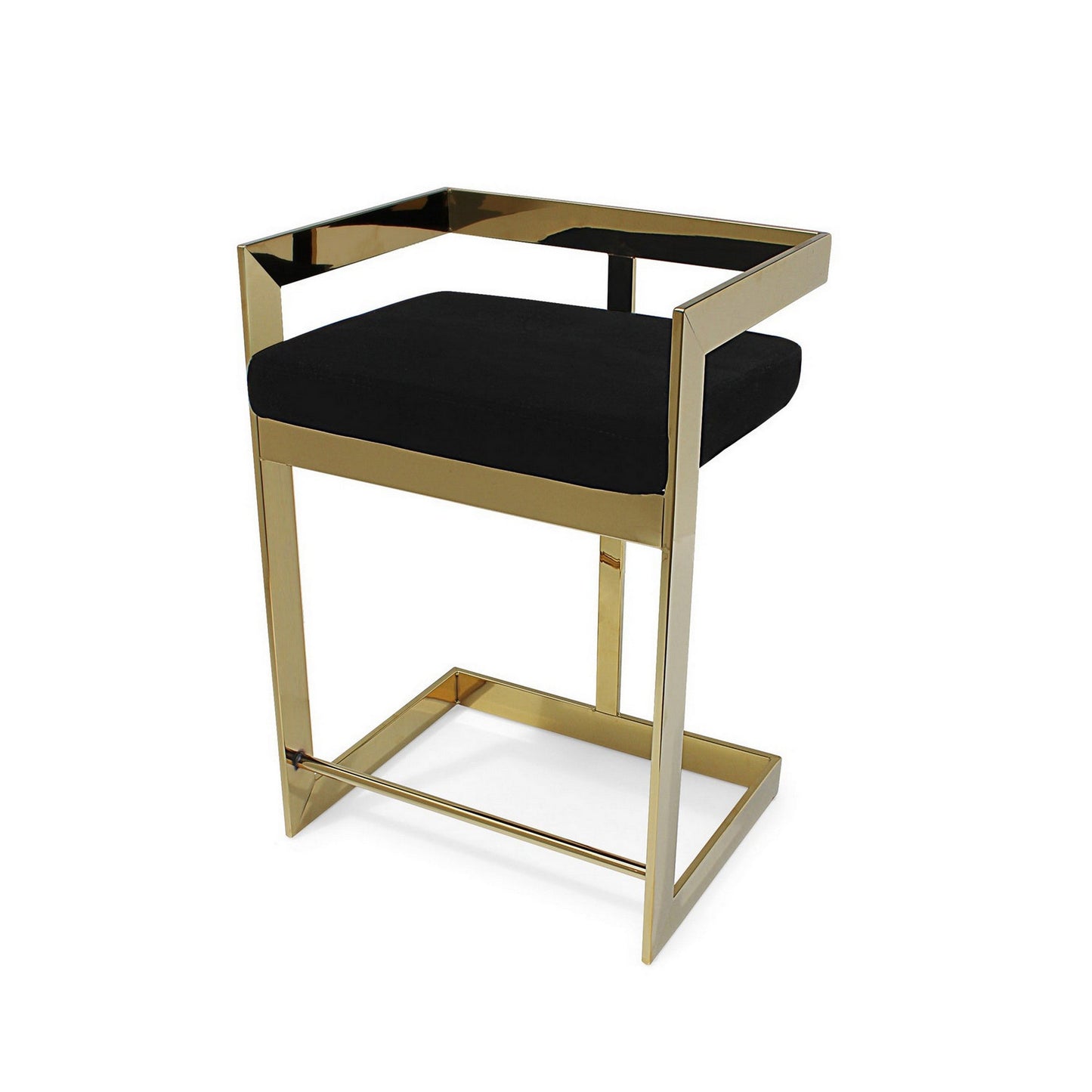 Gei 30 Inch Barstool Chair, Cantilever Base, Black Velvet Padded Seat, Gold