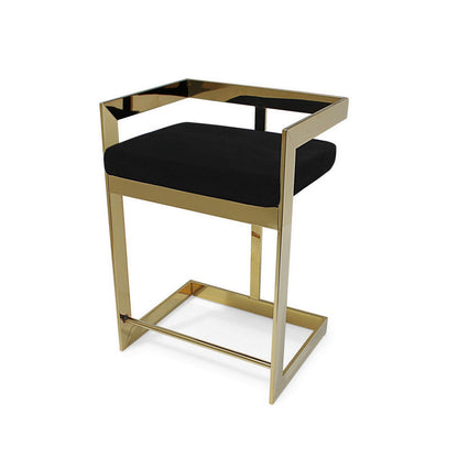 Gei 30 Inch Barstool Chair, Cantilever Base, Black Velvet Padded Seat, Gold