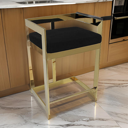 Gei 30 Inch Barstool Chair, Cantilever Base, Black Velvet Padded Seat, Gold