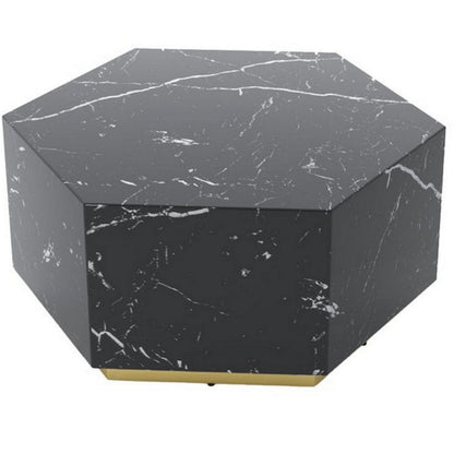 Hexi 35 Inch Coffee Table, Hexagonal, Black Faux Marble Design, Gold Base