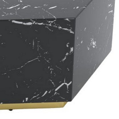 Hexi 35 Inch Coffee Table, Hexagonal, Black Faux Marble Design, Gold Base