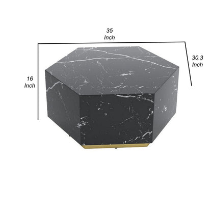 Hexi 35 Inch Coffee Table, Hexagonal, Black Faux Marble Design, Gold Base