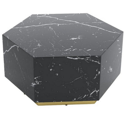 Hexi 35 Inch Coffee Table, Hexagonal, Black Faux Marble Design, Gold Base