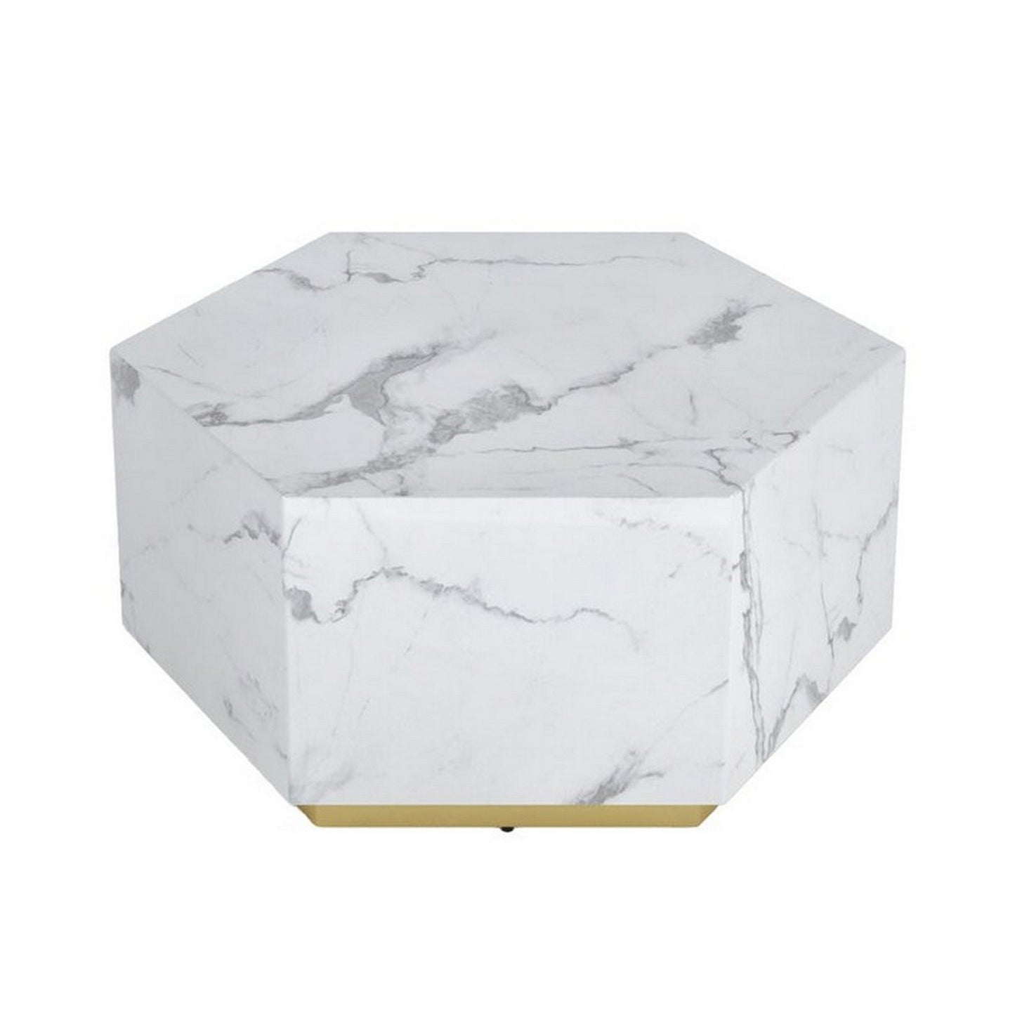 Hexi 35 Inch Coffee Table, Hexagonal, White Marble Design, Gold Base