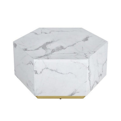 Hexi 35 Inch Coffee Table, Hexagonal, White Marble Design, Gold Base