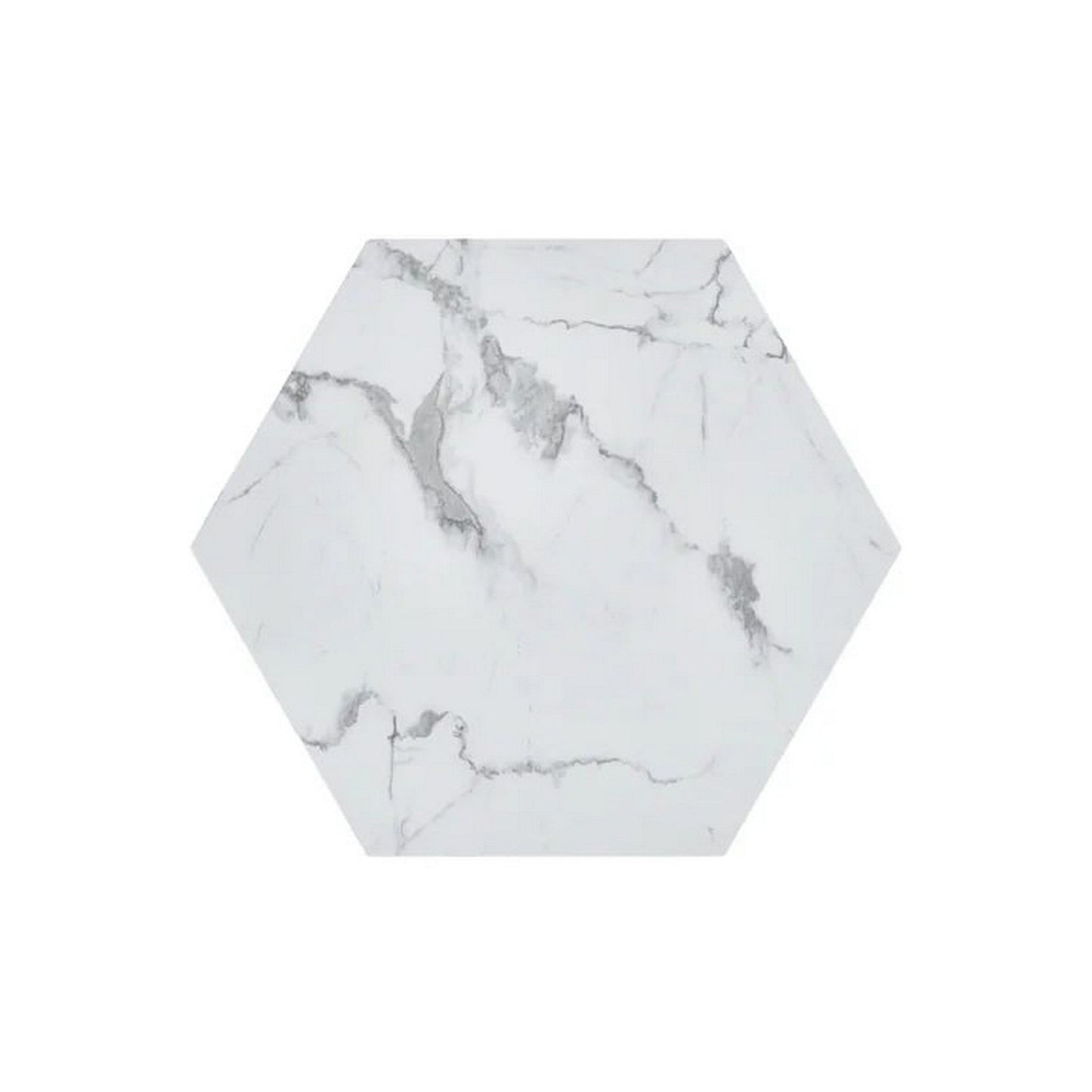 Hexi 35 Inch Coffee Table, Hexagonal, White Marble Design, Gold Base