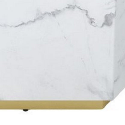 Hexi 35 Inch Coffee Table, Hexagonal, White Marble Design, Gold Base