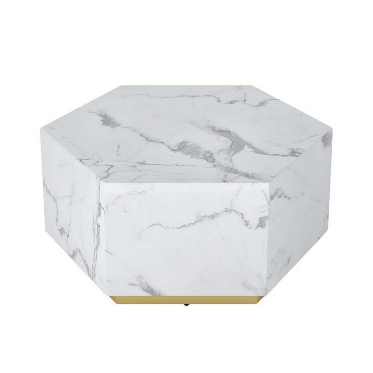 Hexi 35 Inch Coffee Table, Hexagonal, White Marble Design, Gold Base