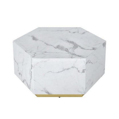 Hexi 35 Inch Coffee Table, Hexagonal, White Marble Design, Gold Base