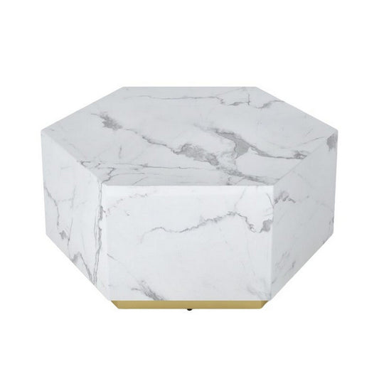 Hexi 35 Inch Coffee Table, Hexagonal, White Marble Design, Gold Base