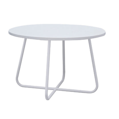 Lei 28 Inch Round Coffee Table, Wood Top in White with White Metal Base