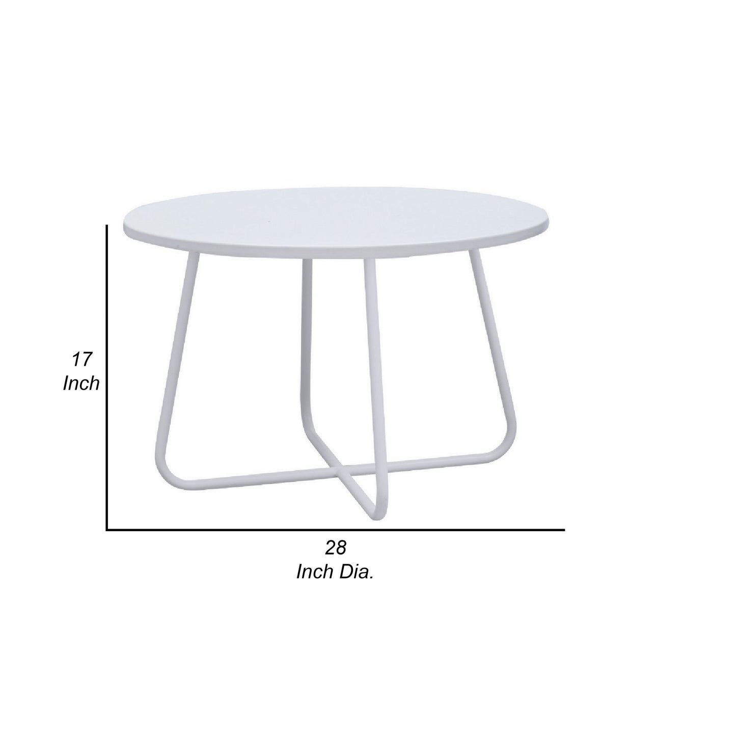 Lei 28 Inch Round Coffee Table, Wood Top in White with White Metal Base