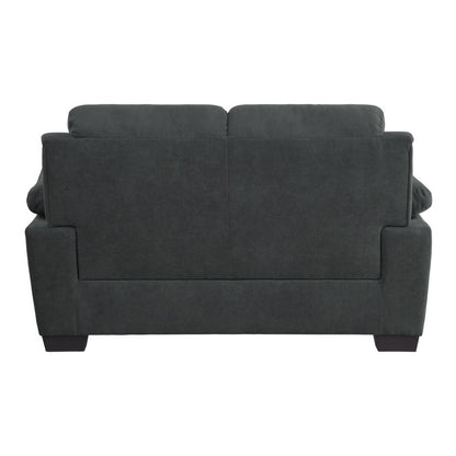Hugh 58 Inch Loveseat, Dark Gray Polyester, Foam Cushioned, Solid Wood