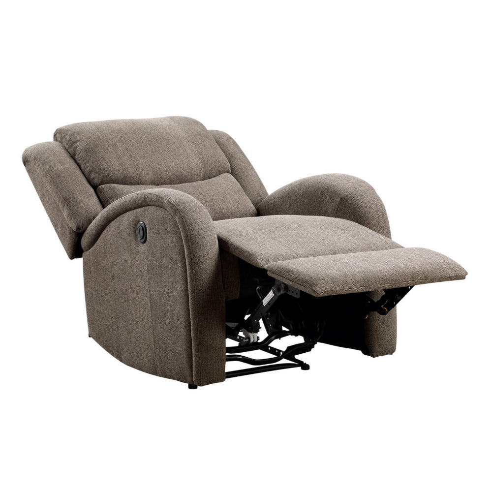 Karena 38 Inch Power Reclining Accent Chair, Brown Chenille, Solid Wood