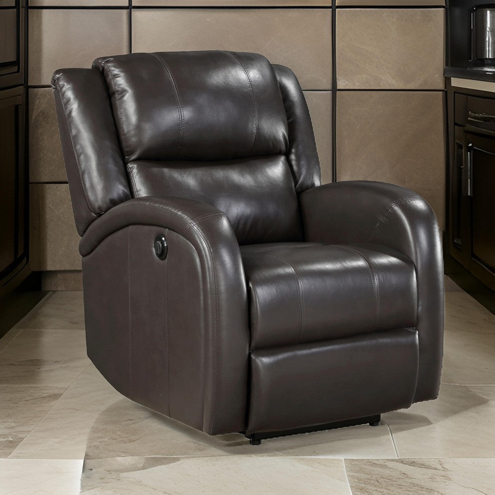 Karena 38 Inch Power Reclining Accent Chair, Brown Faux Leather, Solid Wood