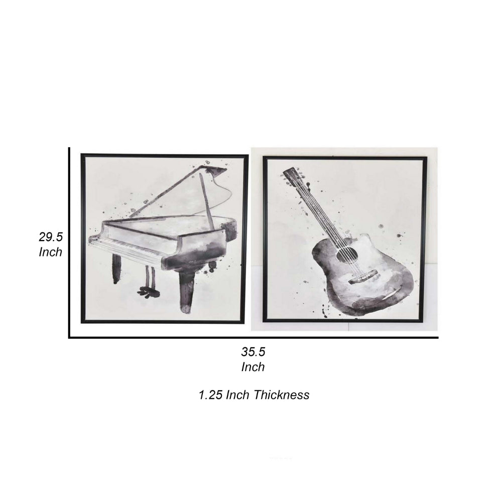 30 x 40 Framed Wall Art Painting, Guitar and Piano, Black, White