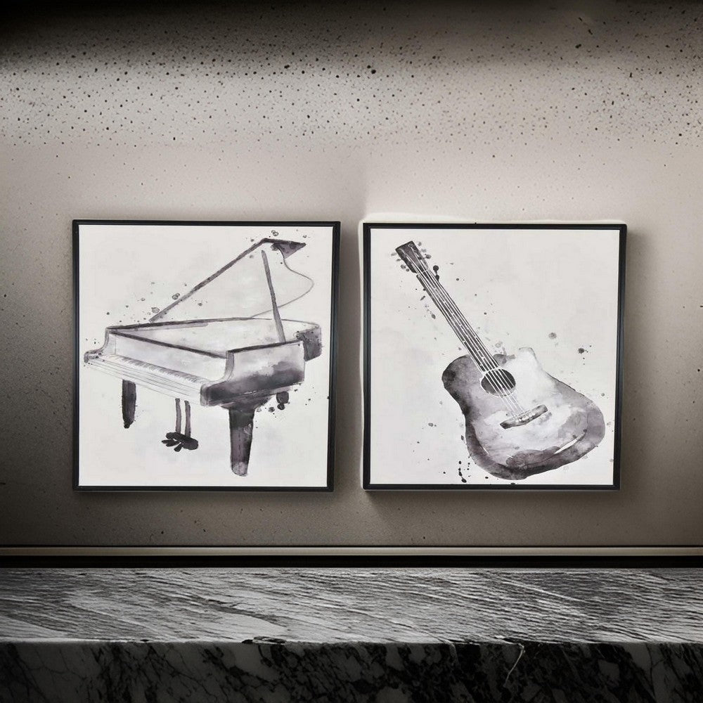 30 x 40 Framed Wall Art Painting, Guitar and Piano, Black, White