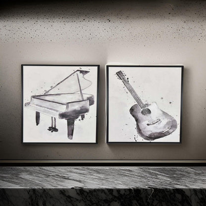 30 x 40 Framed Wall Art Painting, Guitar and Piano, Black, White