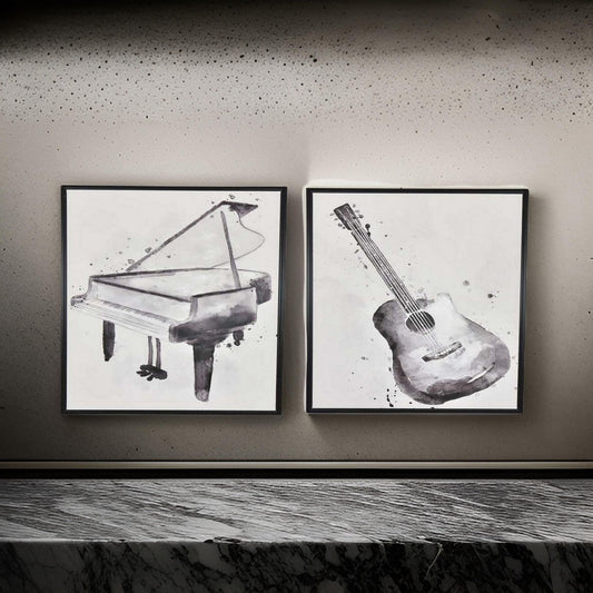 30 x 40 Framed Wall Art Painting, Guitar and Piano, Black, White