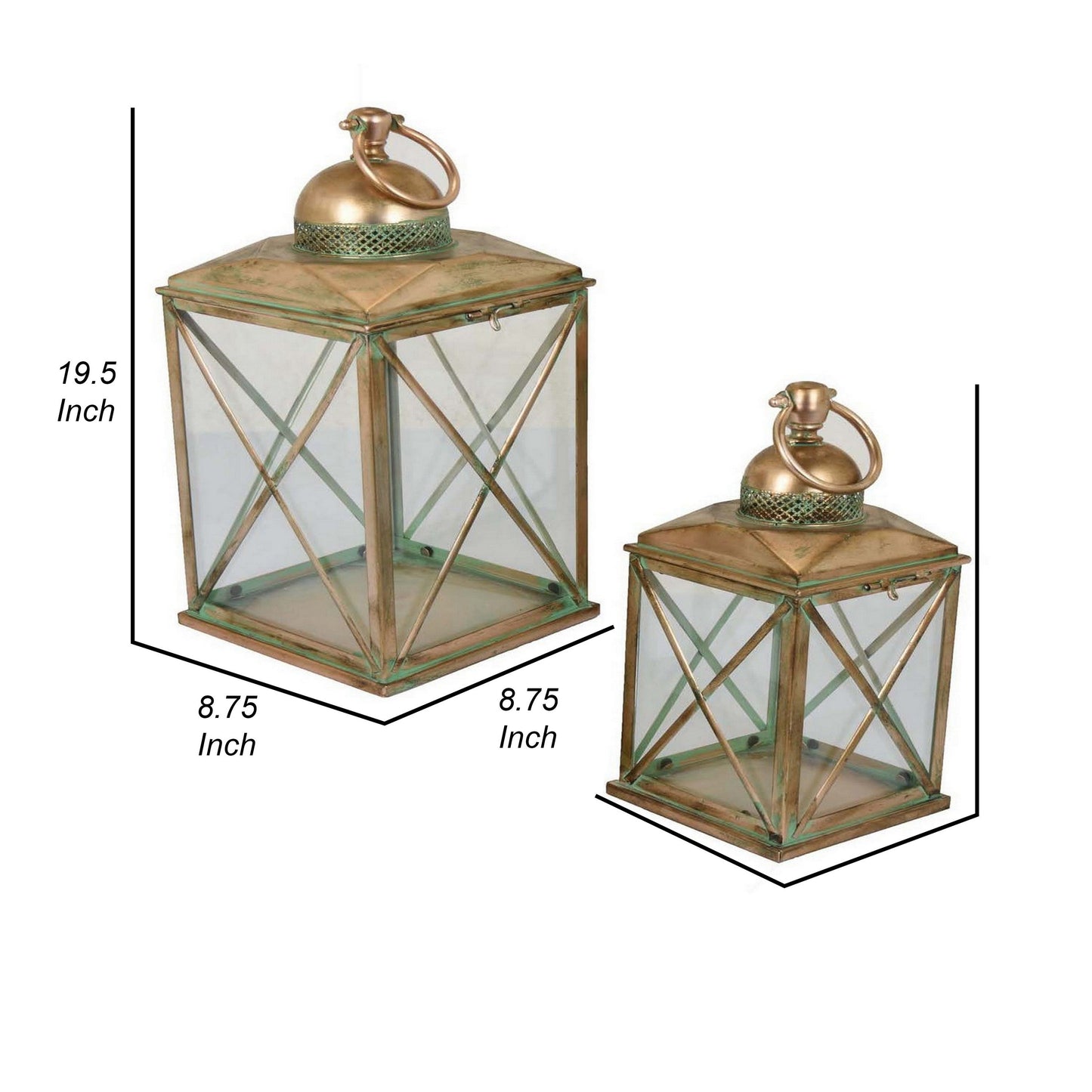 20 Inch Decorative Lantern Set of 2, Glass Panel, Cross Metal Frame, Gold