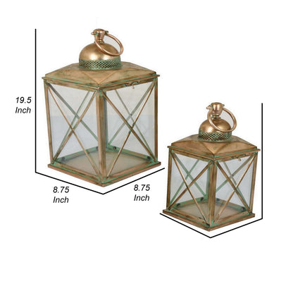 20 Inch Decorative Lantern Set of 2, Glass Panel, Cross Metal Frame, Gold