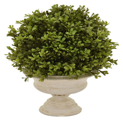 15 Inch Faux Boxwood Topiary Plant in Urn Pedestal Pot, Off White Planter