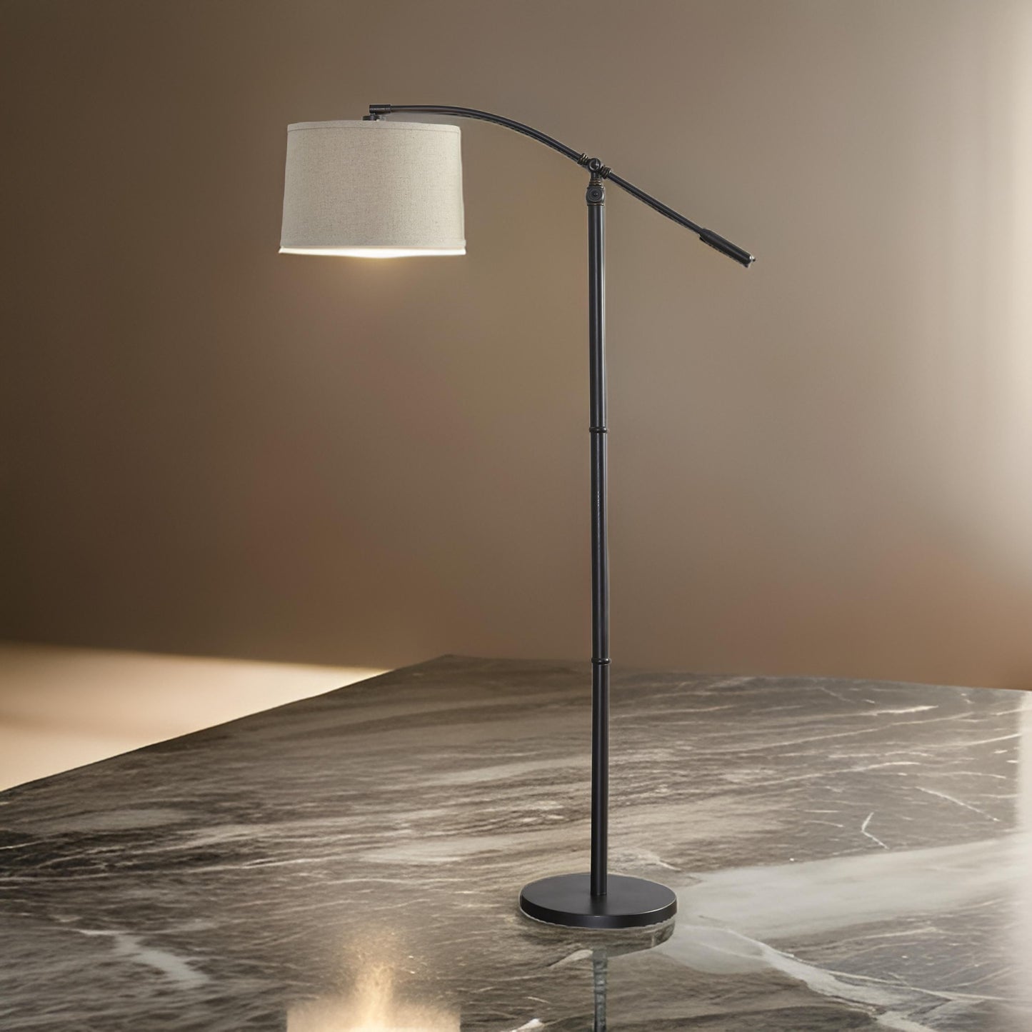 70 Inch Arc Floor Lamp, Beige Shade, Adjustable Arm and Height, Dark Bronze