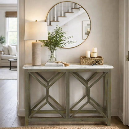 Agas Sofa Console Table, 41 Inch White Genuine Marble Top, Sandblasted Washed Ash Gray Mango Wood Geometric Frame