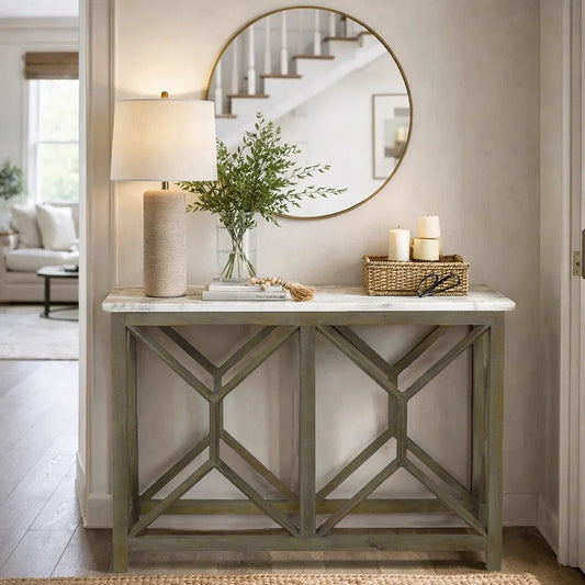 Agas Sofa Console Table, 41 Inch White Genuine Marble Top, Sandblasted Washed Ash Gray Mango Wood Geometric Frame