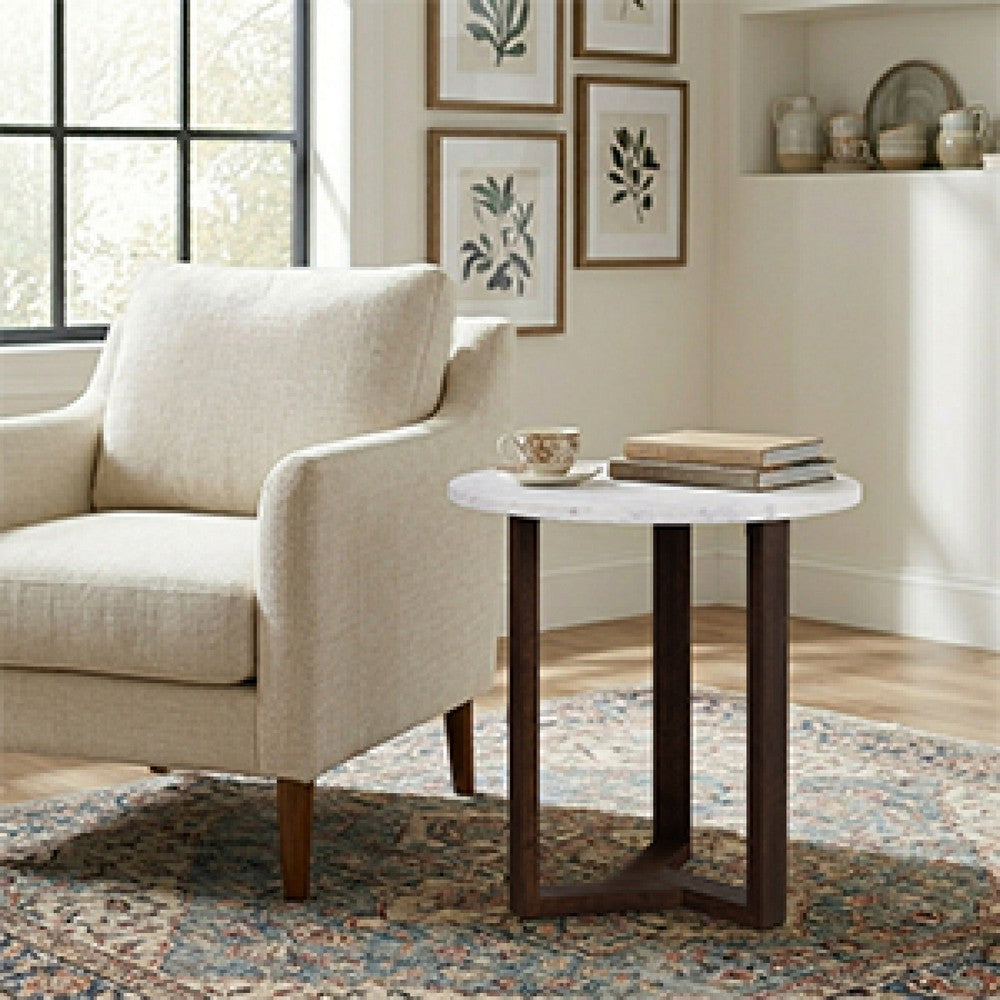Fina Coffee Table, 38 Inch Round White Genuine Marble Top, Natural Brown Mango Wood 3 Leg Sled Base