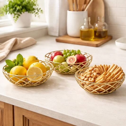 Lyna 18 Inch Modern Decorative Metal Basket Set of 3, Gold Color