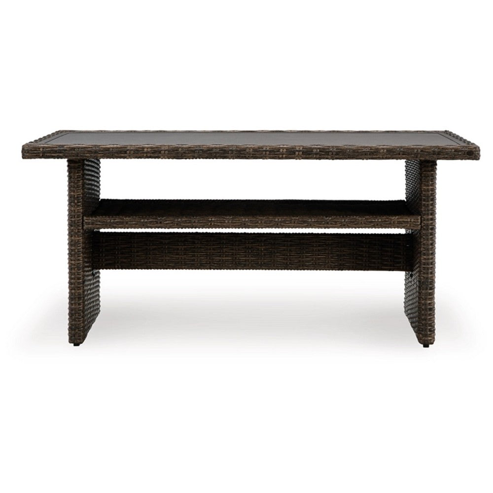 Soha 59 Inch Outdoor Multi Use Dining Table, Resin Wicker with Shelf, Brown