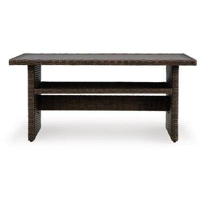Soha 59 Inch Outdoor Multi Use Dining Table, Resin Wicker with Shelf, Brown