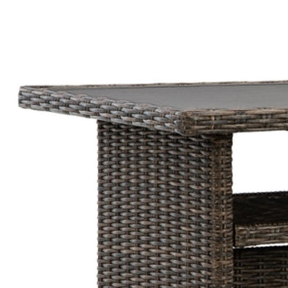 Soha 59 Inch Outdoor Multi Use Dining Table, Resin Wicker with Shelf, Brown