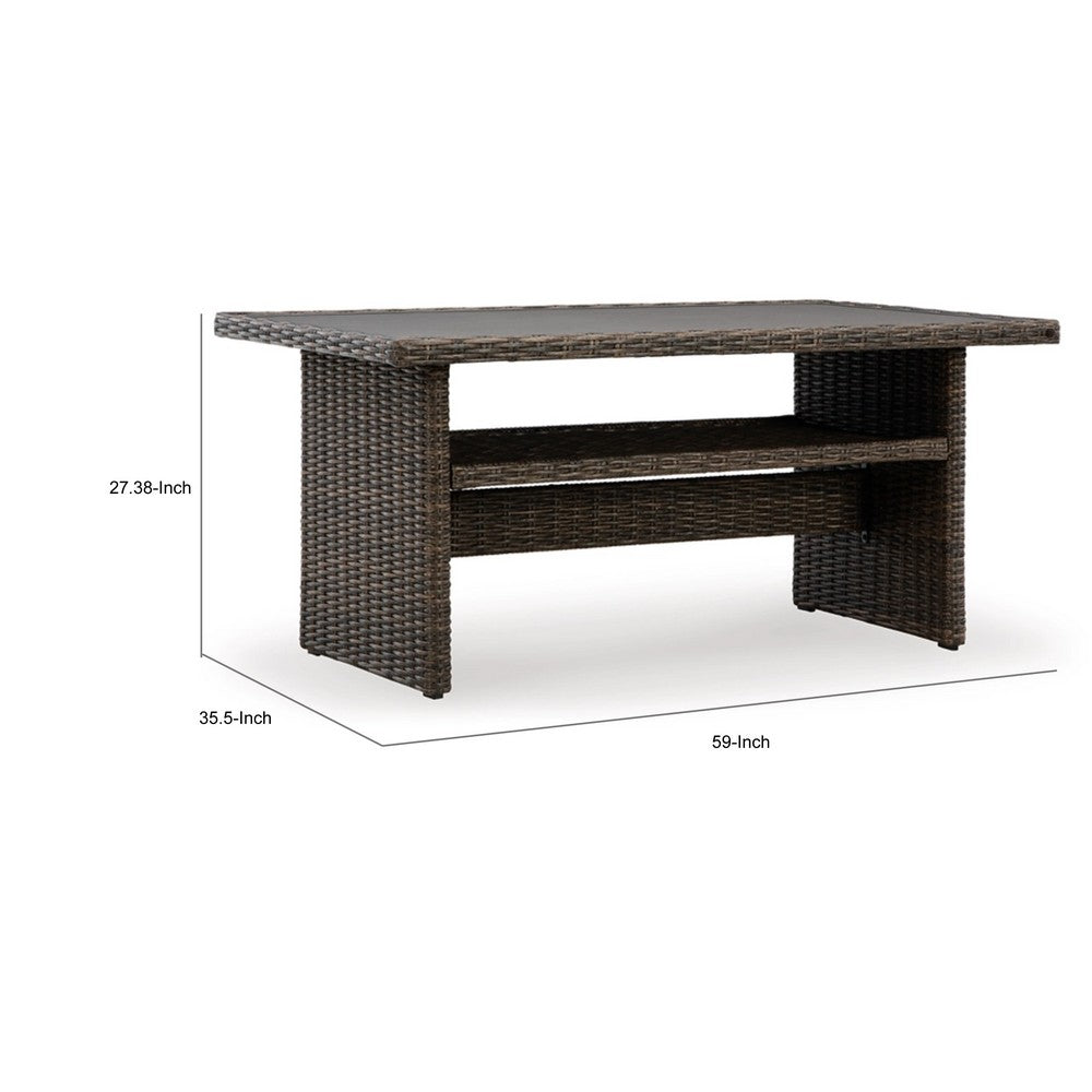 Soha 59 Inch Outdoor Multi Use Dining Table, Resin Wicker with Shelf, Brown