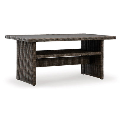 Soha 59 Inch Outdoor Multi Use Dining Table, Resin Wicker with Shelf, Brown