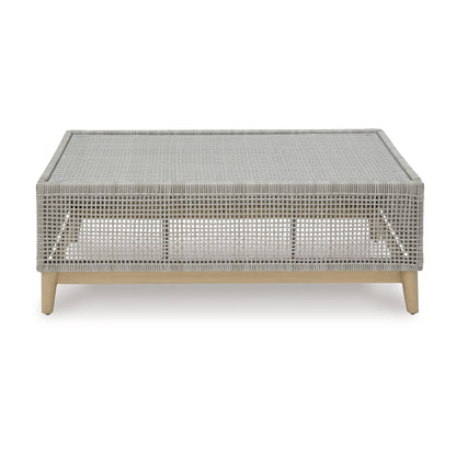 Yami 50 Inch Outdoor Coffee Table, Resin Wicker, Tempered Glass Top, Gray