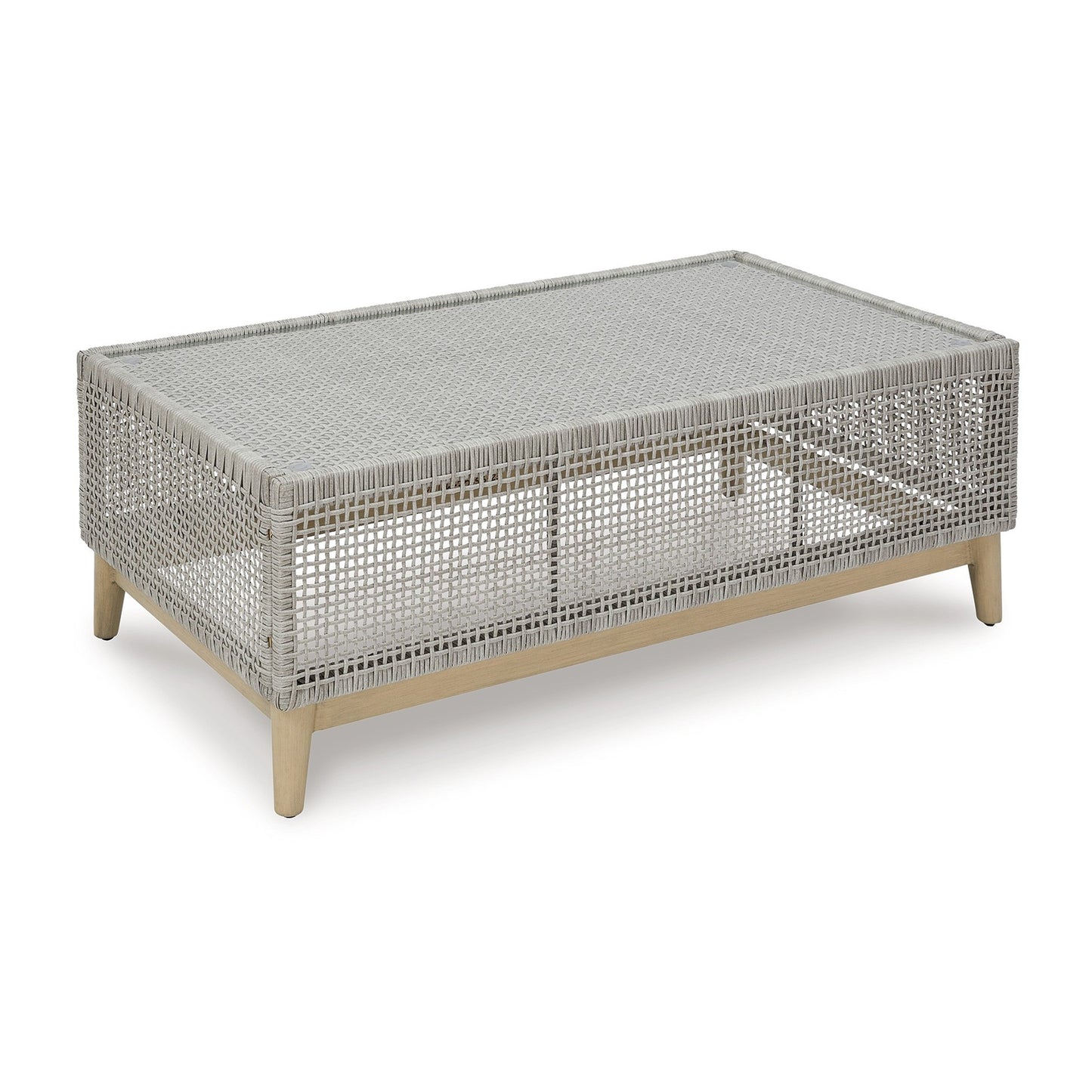 Yami 50 Inch Outdoor Coffee Table, Resin Wicker, Tempered Glass Top, Gray